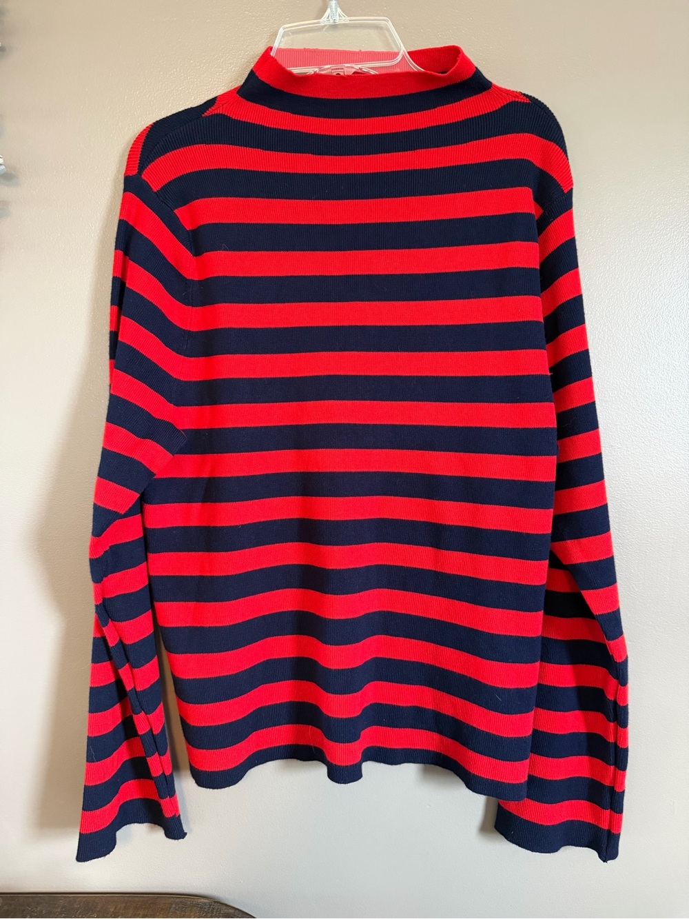Anthropologie Maeve mock neck navy blue and red striped‎ long sleeve sweater.